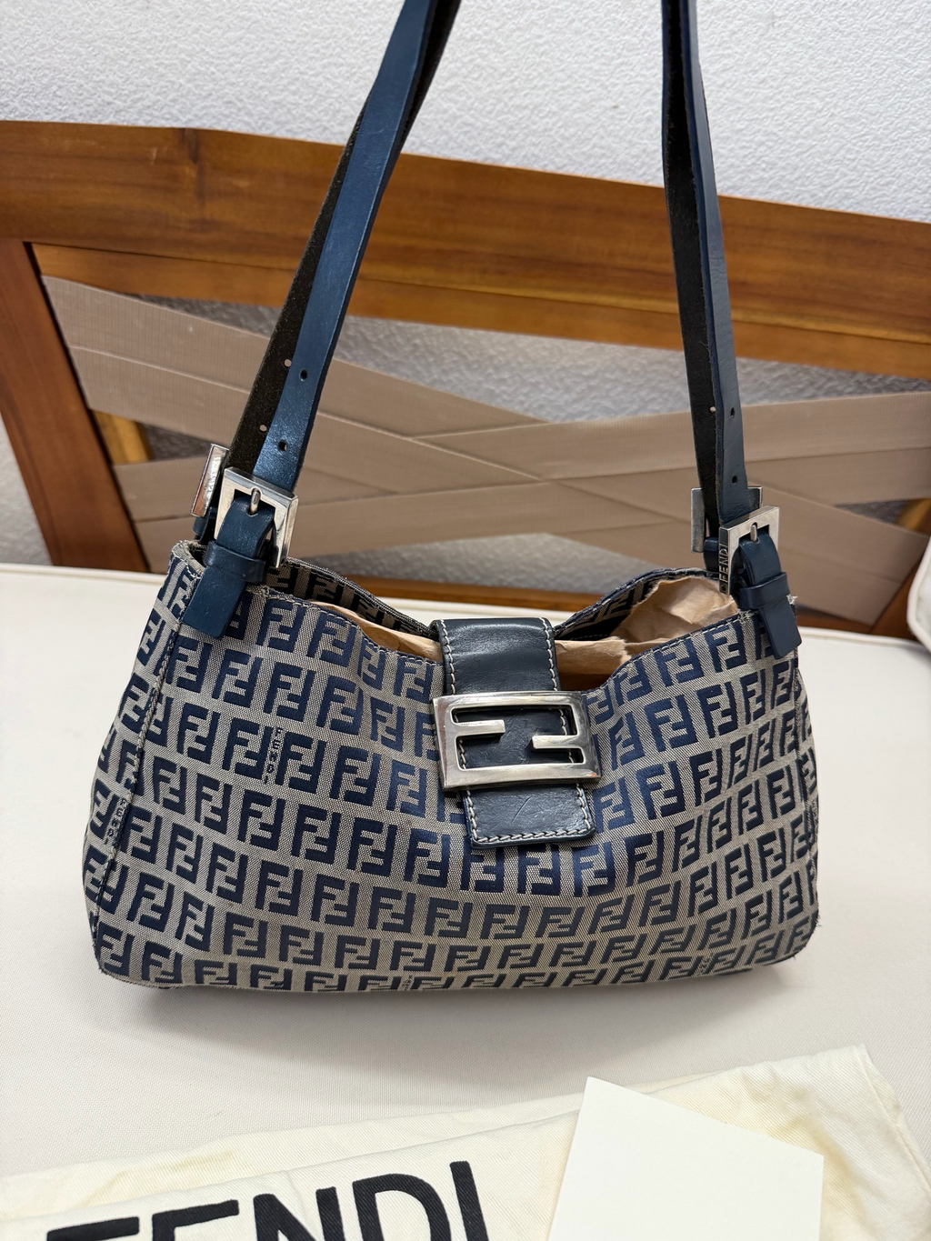 Fendi Zucca Flap Navy Blue Medium Shoulder Bag