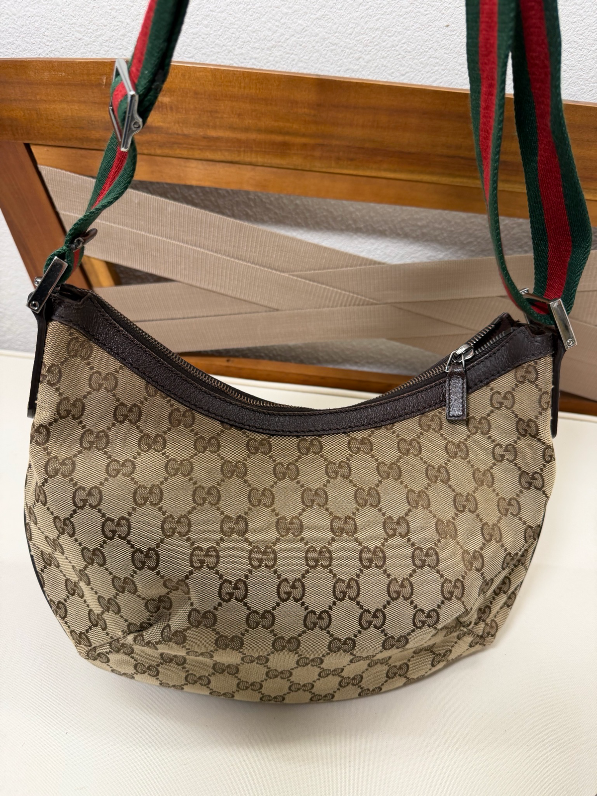 Gucci Monogram Canvas Saddle Messenger Halfmoon Web Strap Sling