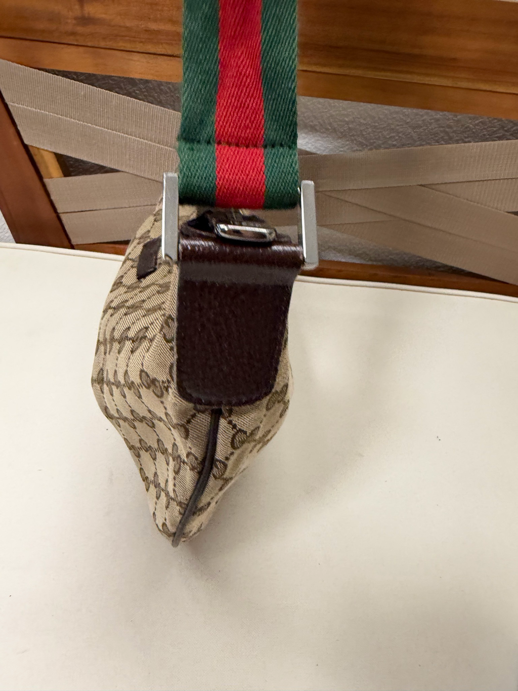 Gucci Monogram Canvas Saddle Messenger Halfmoon Web Strap Sling
