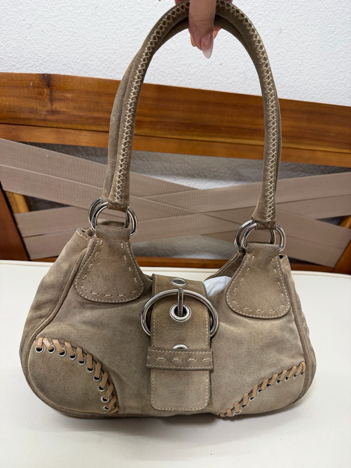 Prada Whipstitch Hobo Halfmoon Shoulder Suede