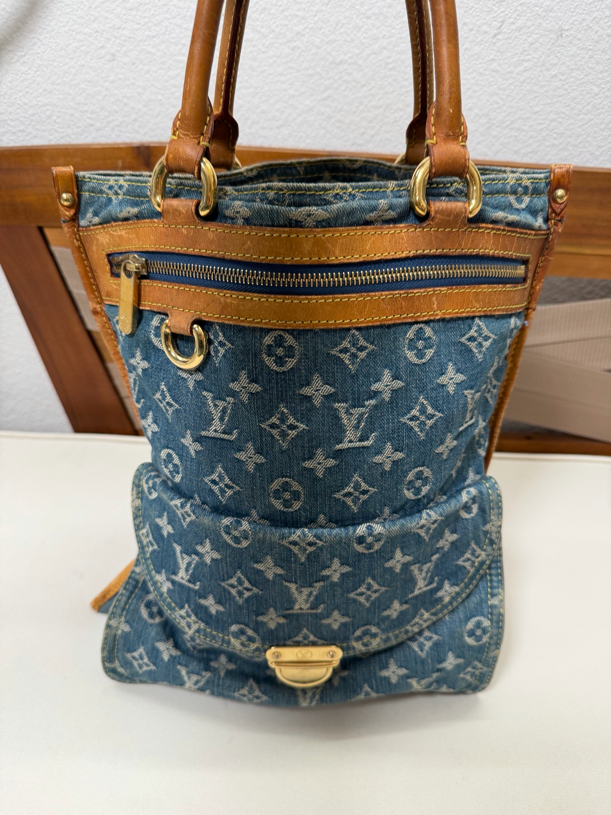 Louis Vuitton Sac Plat Denim Blue Tote