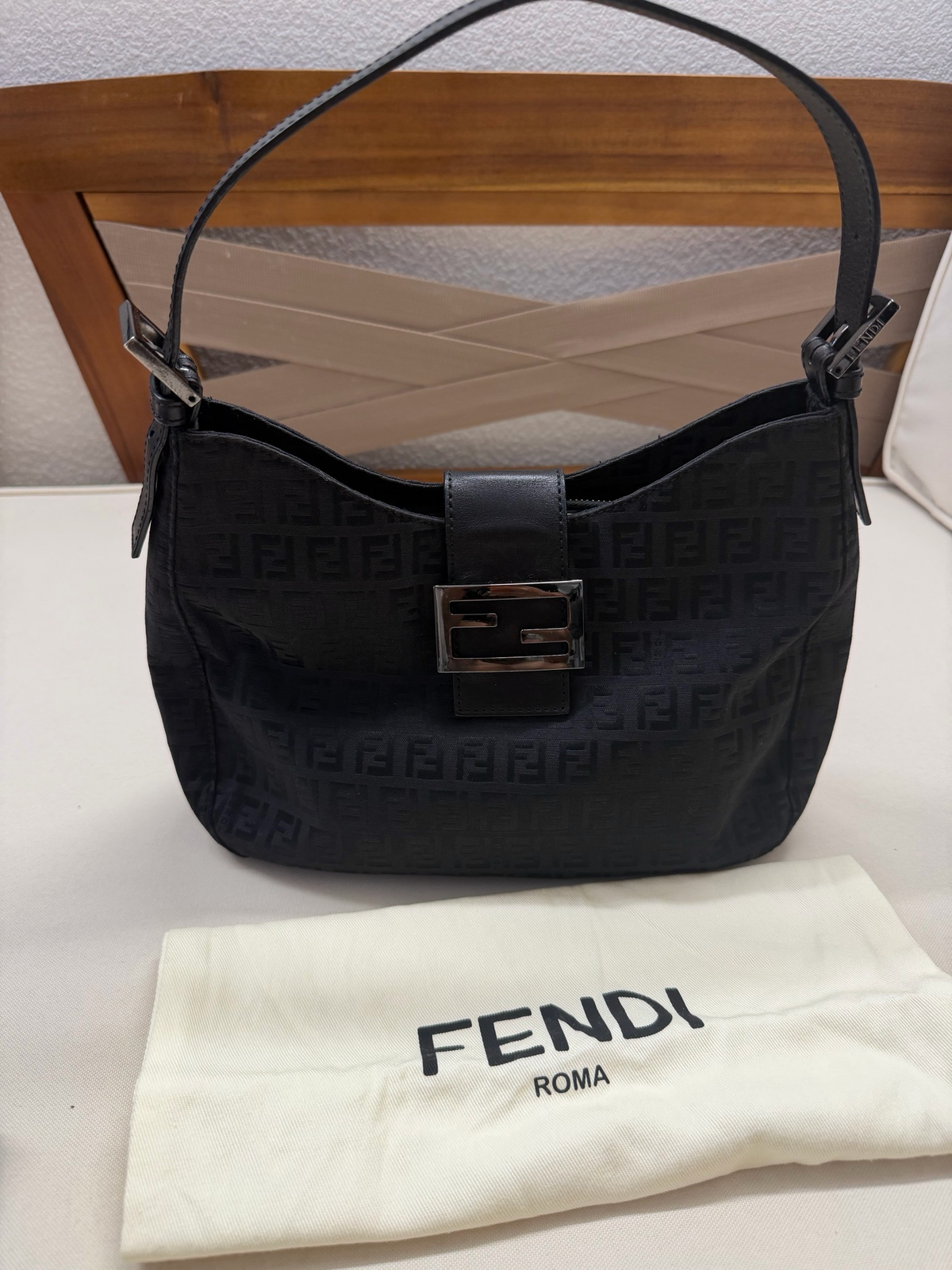 Fendi Zucca Borsa Flap Halfmoon Hobo Shoulder Monogram in Black