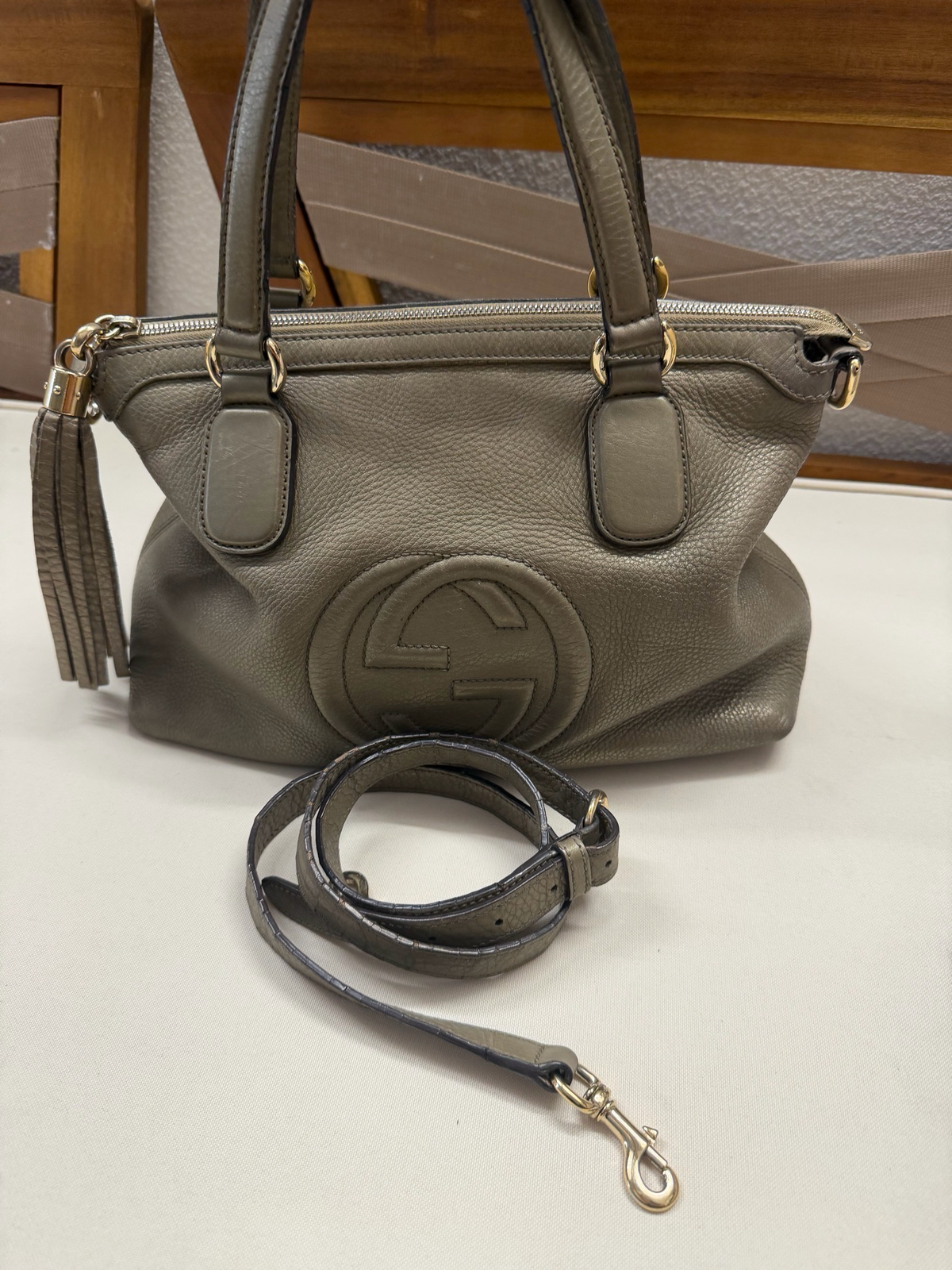 Gucci Pebbled Leather Soho Convertible Metallic Crossbody Sling