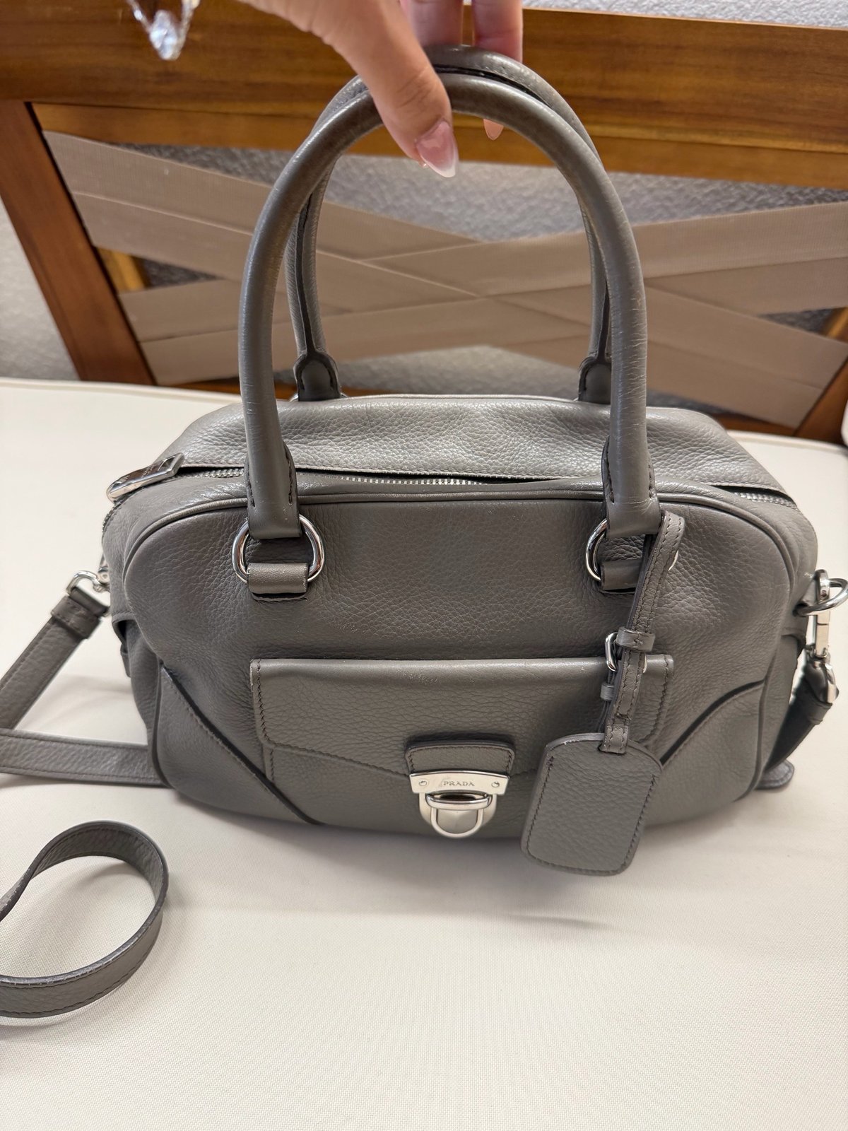 Prada Vitello Daino Argilla Boston Messenger Crossbody Pushlock