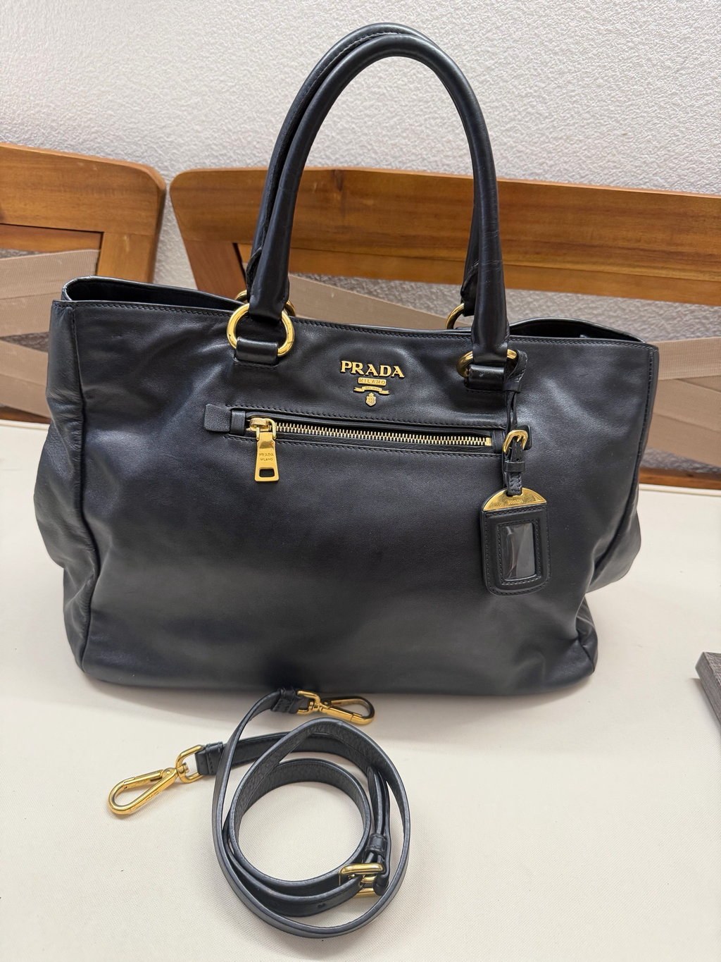 Prada Soft Calf Convertible Tote Messenger in Black