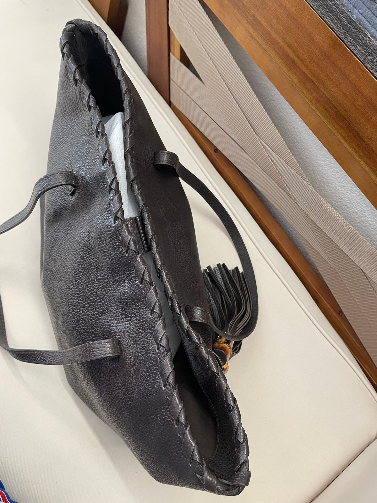 Gucci Calfskin Pebbled Bamboo Tassel Tote Shoulder in Dark Brown