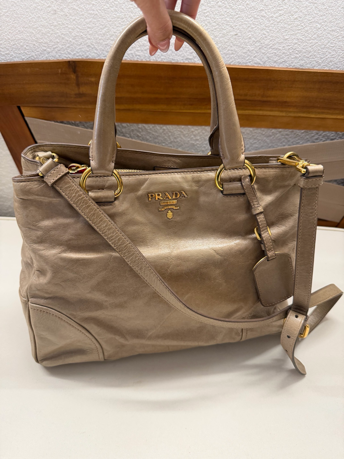 Prada Vitello Shine Messenger Crossbody Sling in Nude