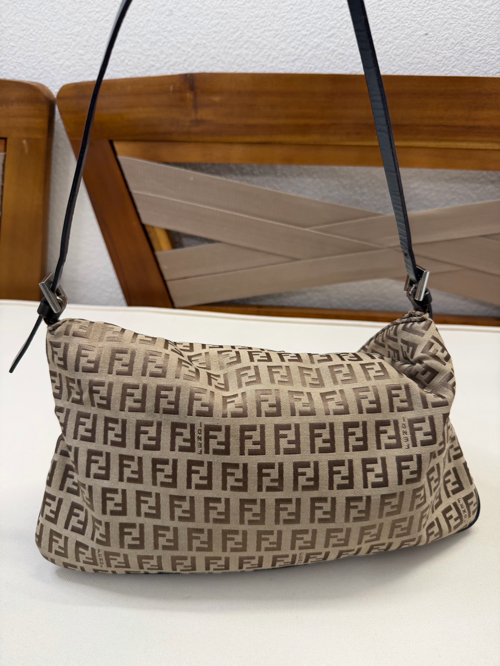 Fendi Zucca Baguette Double Flap Hobo Shoulder Bag