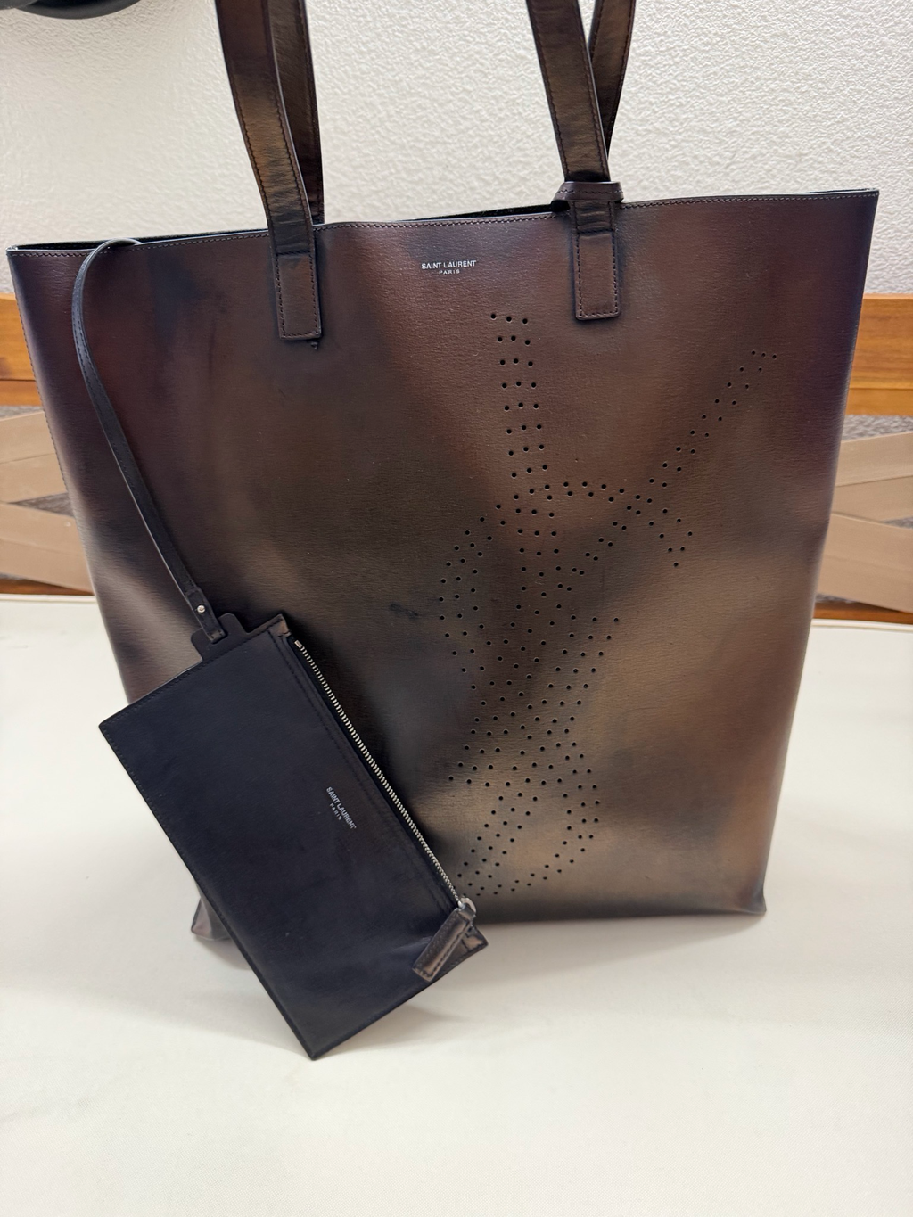 Yves Saint Laurent Shopper Open Tote Perforated Shoulder Bag