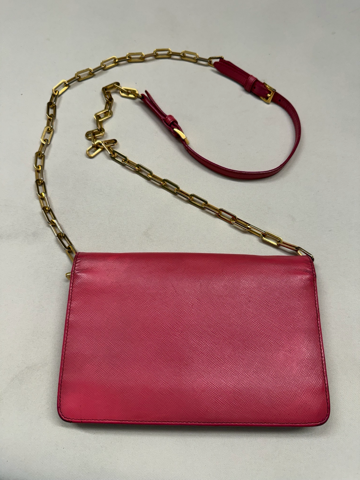 Prada Saffiano Luxe Flap Wallet on Chain in Pink