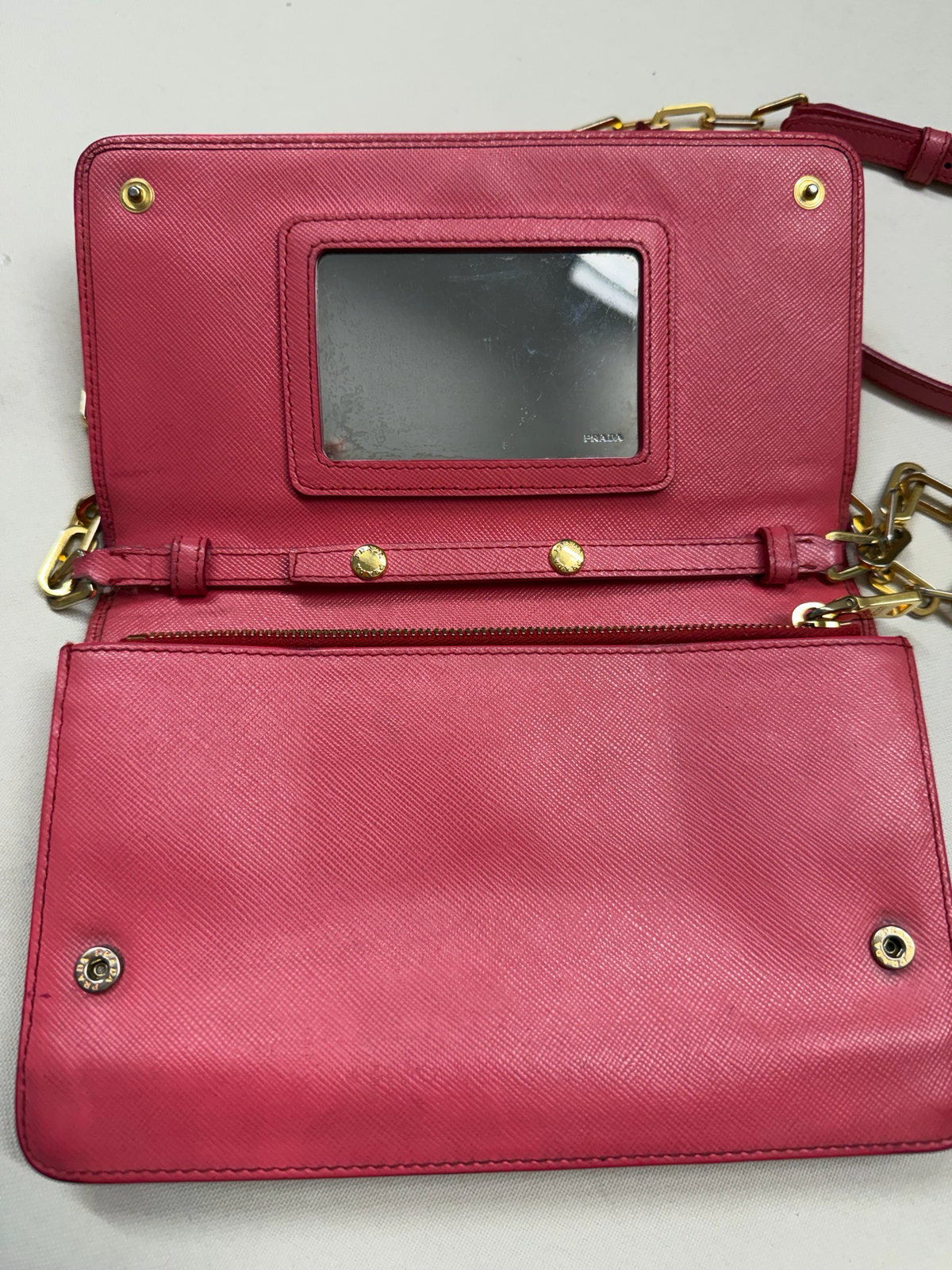 Prada Saffiano Luxe Flap Wallet on Chain in Pink