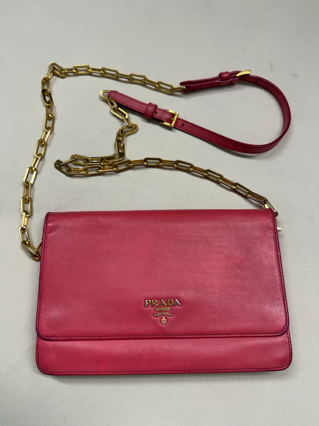 Prada Saffiano Luxe Flap Wallet on Chain in Pink