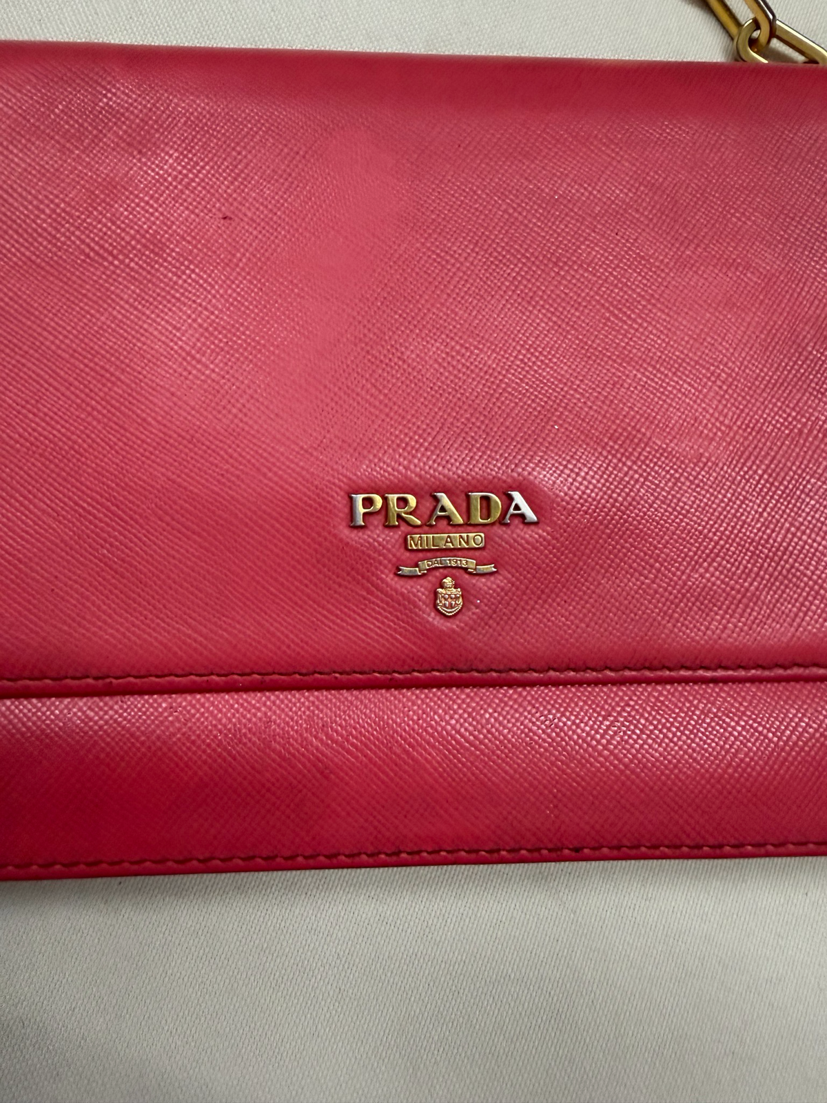 Prada Saffiano Luxe Flap Wallet on Chain in Pink
