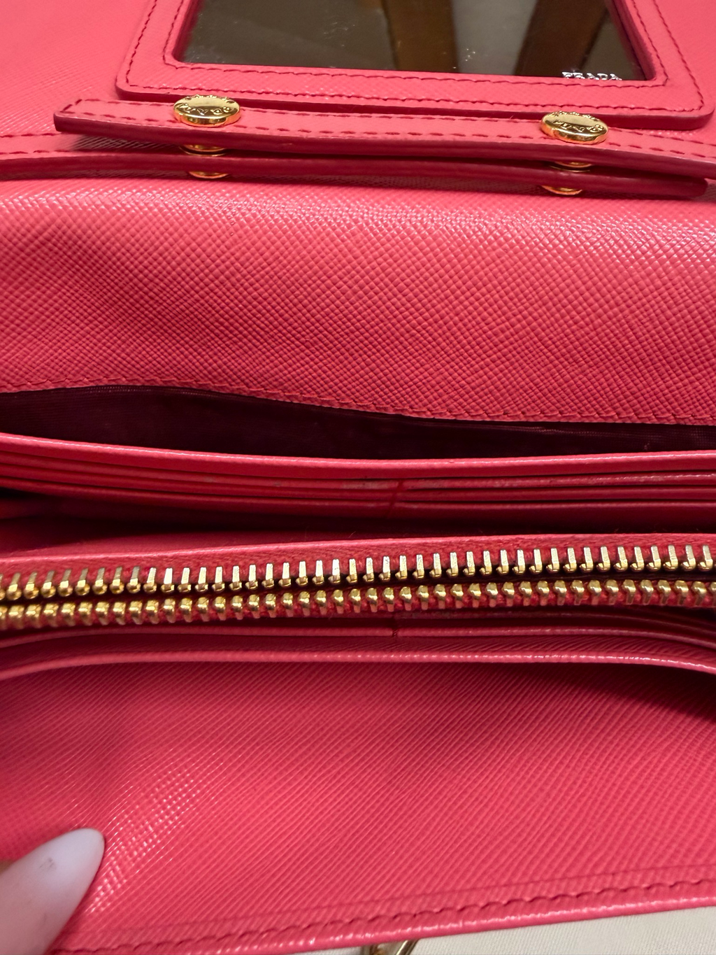 Prada Saffiano Luxe Flap Wallet on Chain in Pink