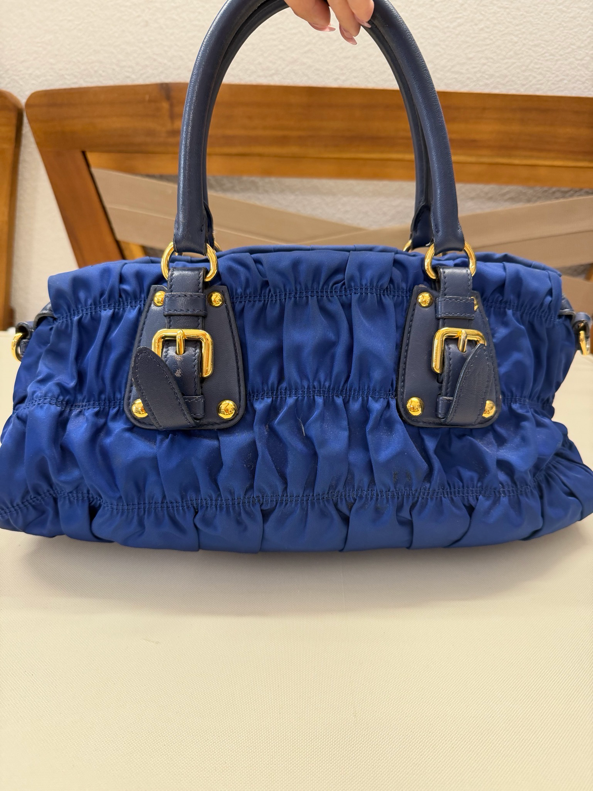 Prada Nylon Tessuto Gaufre Bluette Bowler Satchel Tote