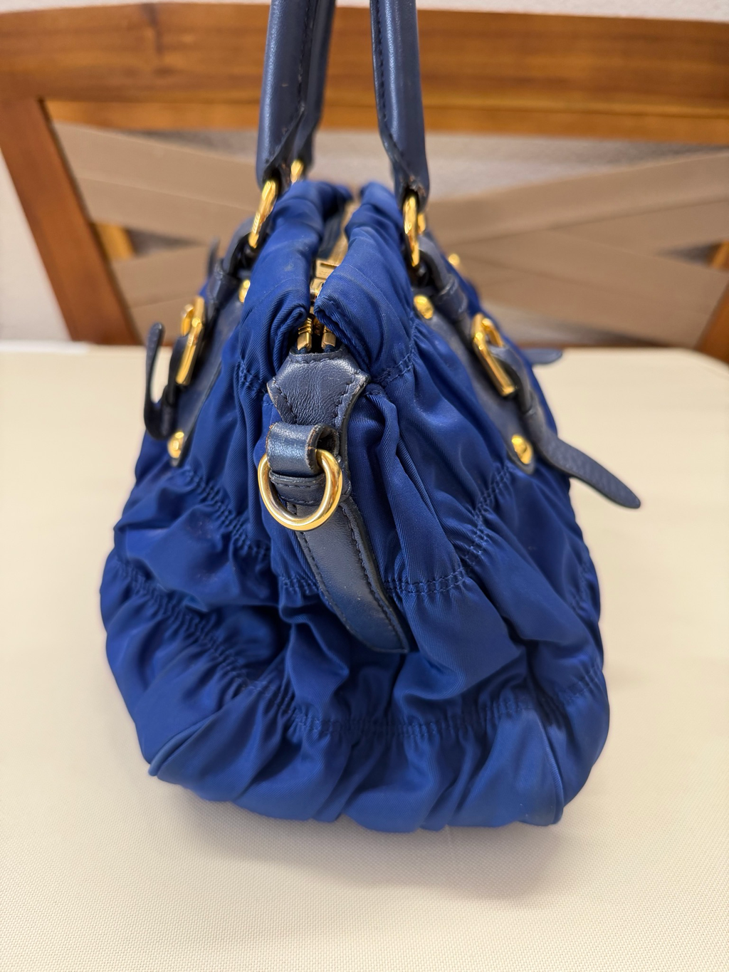 Prada Nylon Tessuto Gaufre Bluette Bowler Satchel Tote