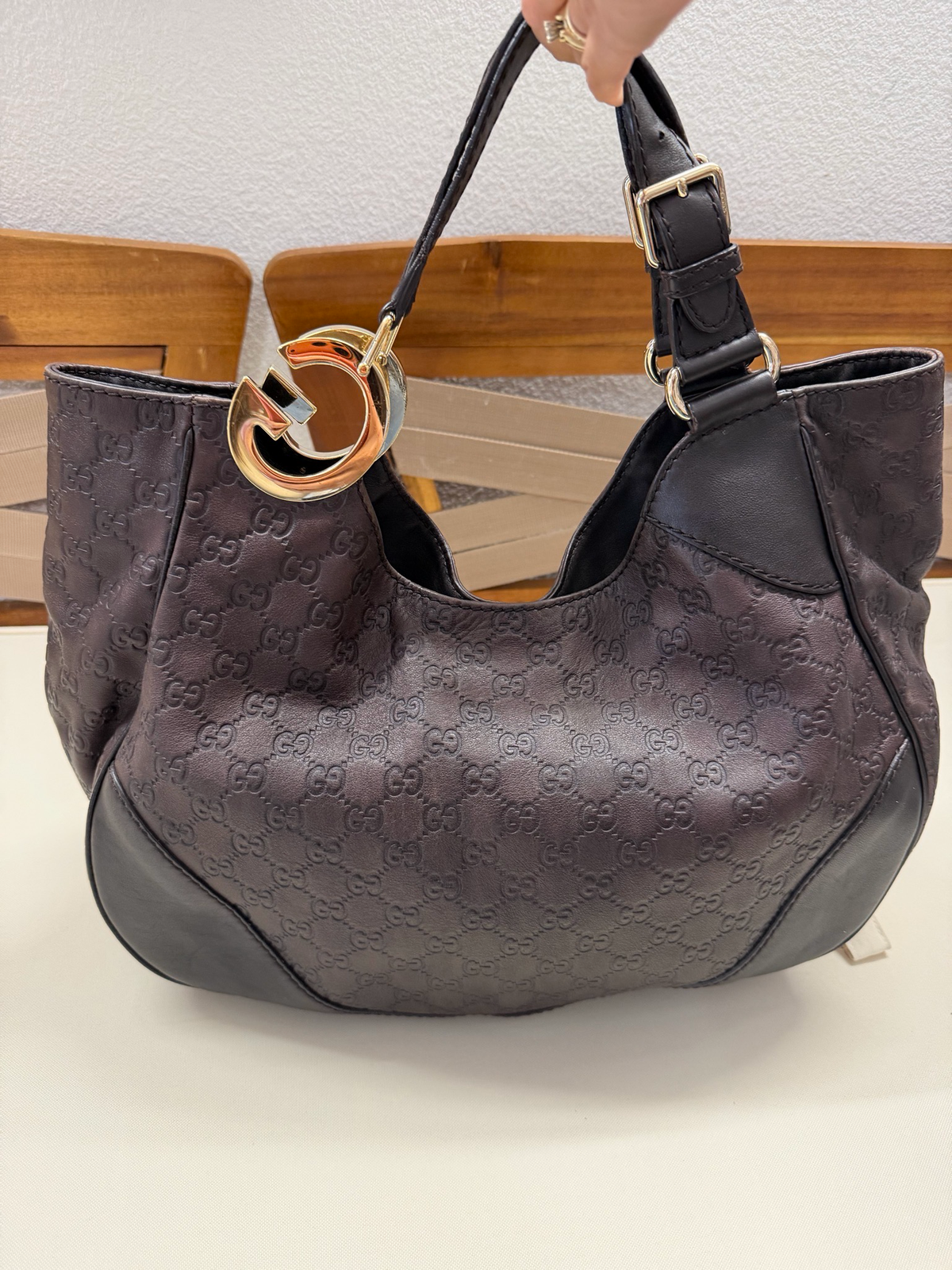Gucci Monogram Leather Shoulder Charlotte Guccissima Large in Dark Brown