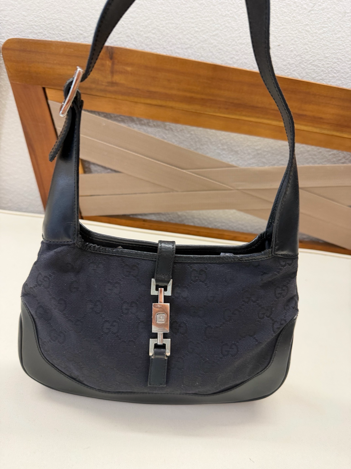Gucci Monogram Canvas Jackie Hobo Shoulder Bag in Black