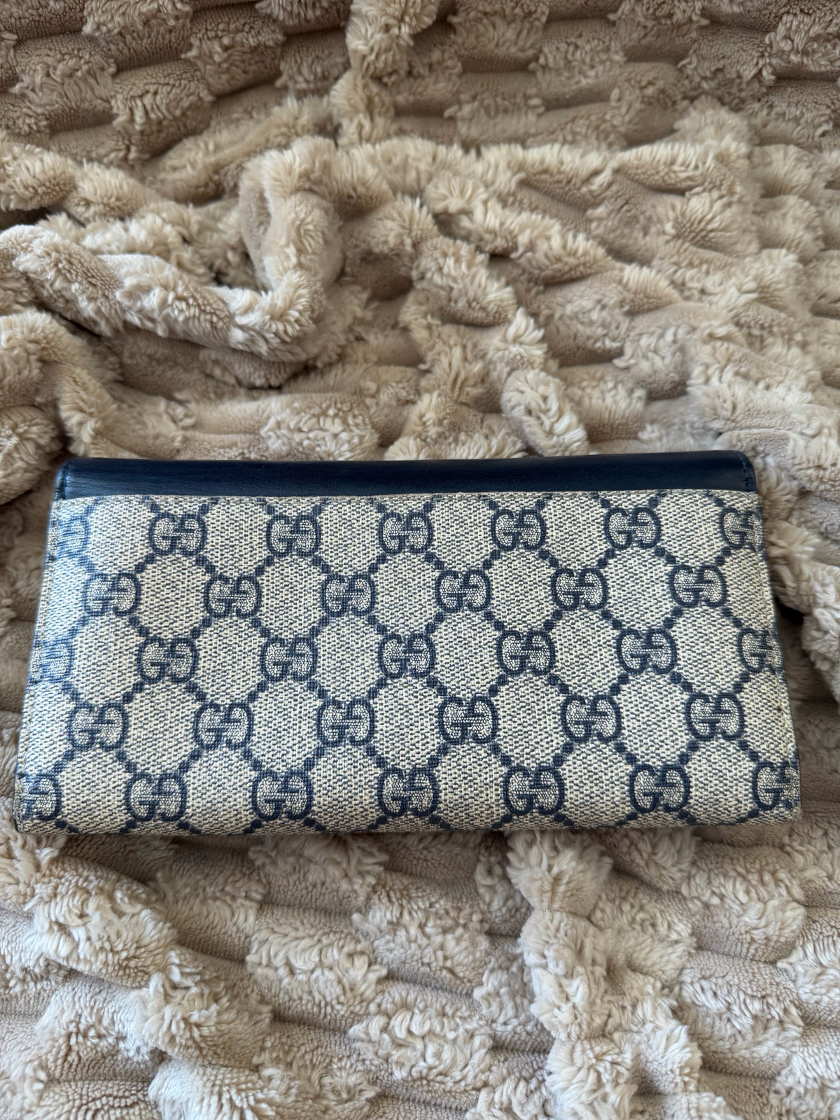 Gucci Supreme Monogram Flap Wallet in Navy Blue