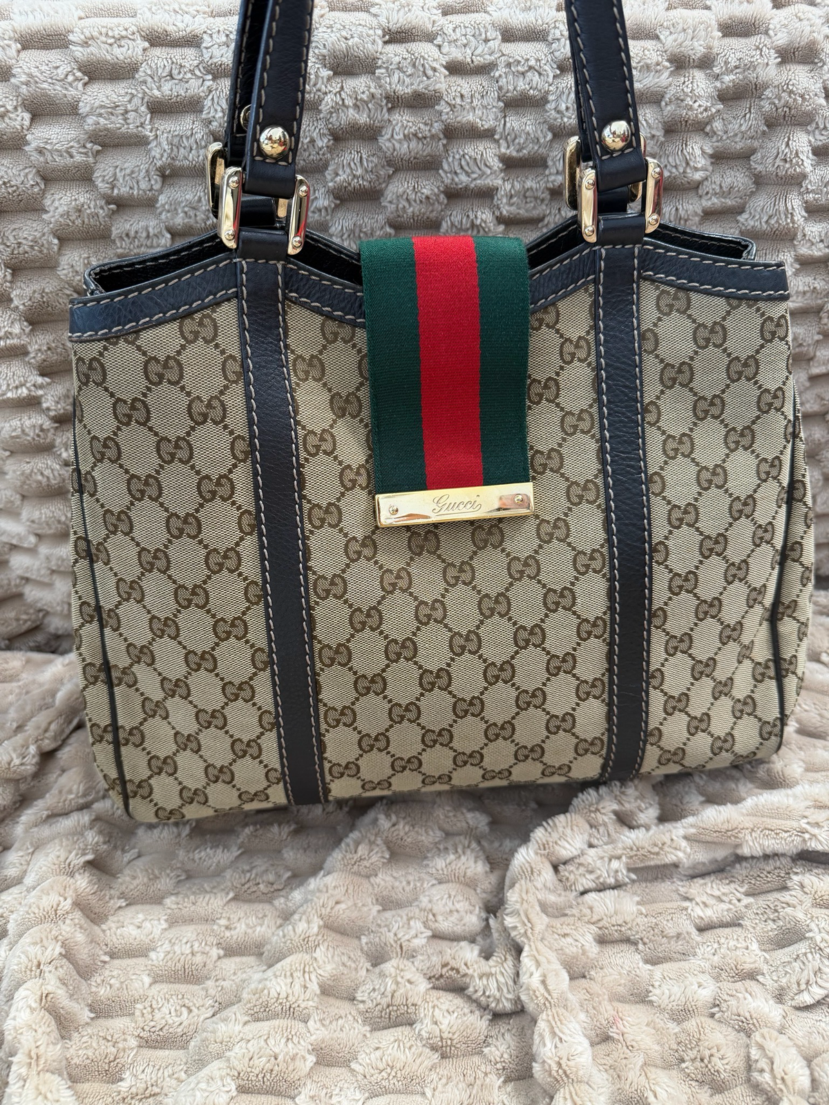Gucci Monogram Canvas New Ladies Web Tote Shoulder Bag