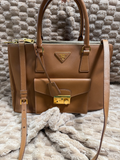 Prada Saffiano Front Pocket Double Zipper Crossbody Sling in Camel