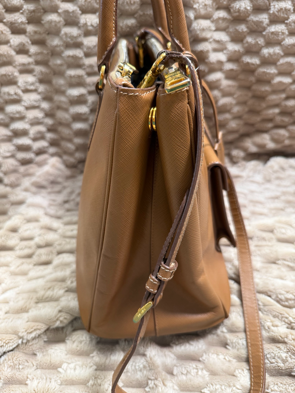 Prada Saffiano Front Pocket Double Zipper Crossbody Sling in Camel