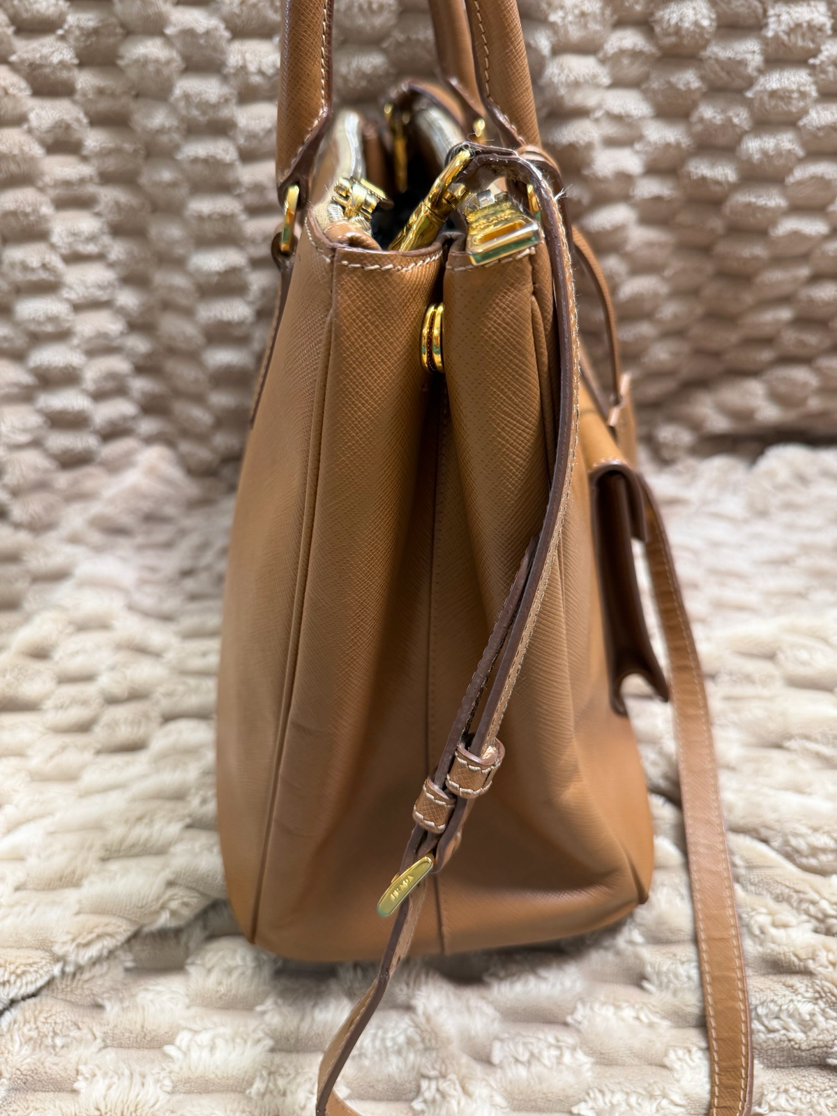Prada Saffiano Front Pocket Double Zipper Crossbody Sling in Camel