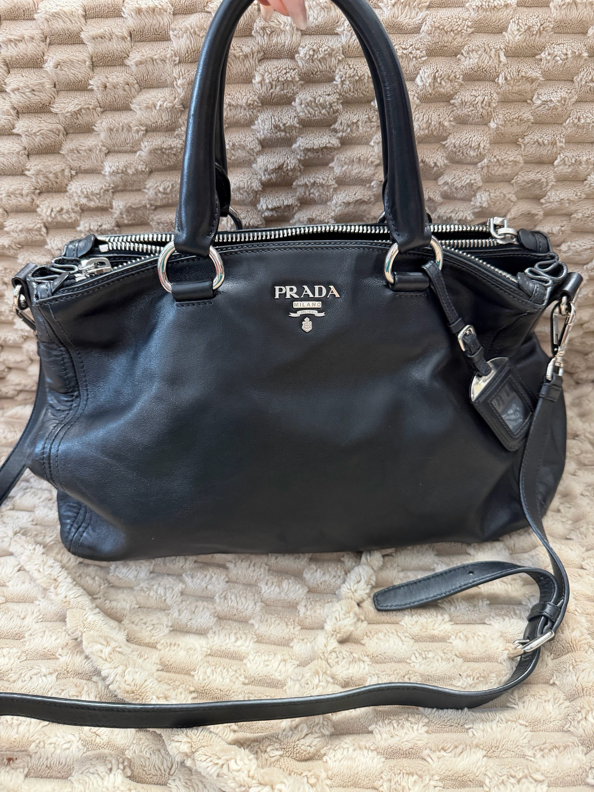 Prada Soft Calfskin Convertible Double Zipper Crossbody Sling in Black