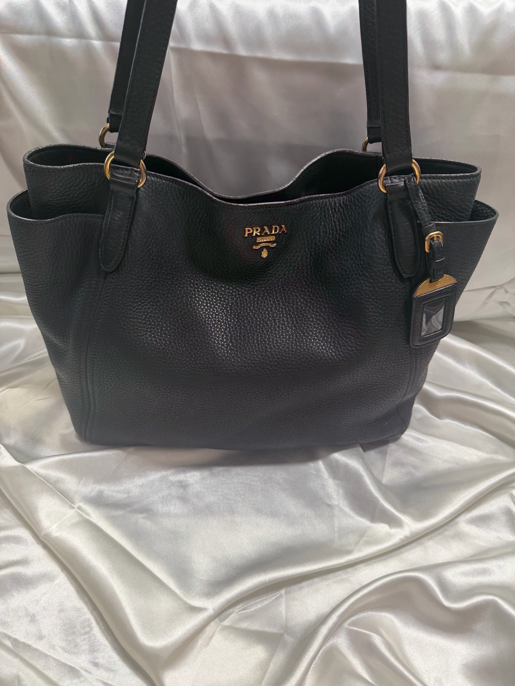 Prada Pebbled Side Pocket Vitello Daino Tote in Black