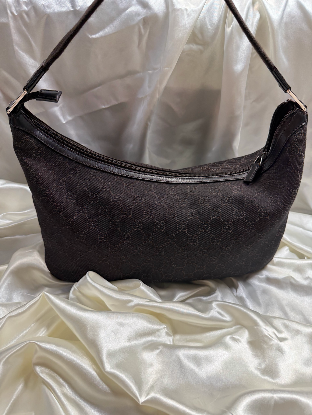 Gucci Monogram Canvas Denim Hobo Vintage Halfmoon in Dark Brown