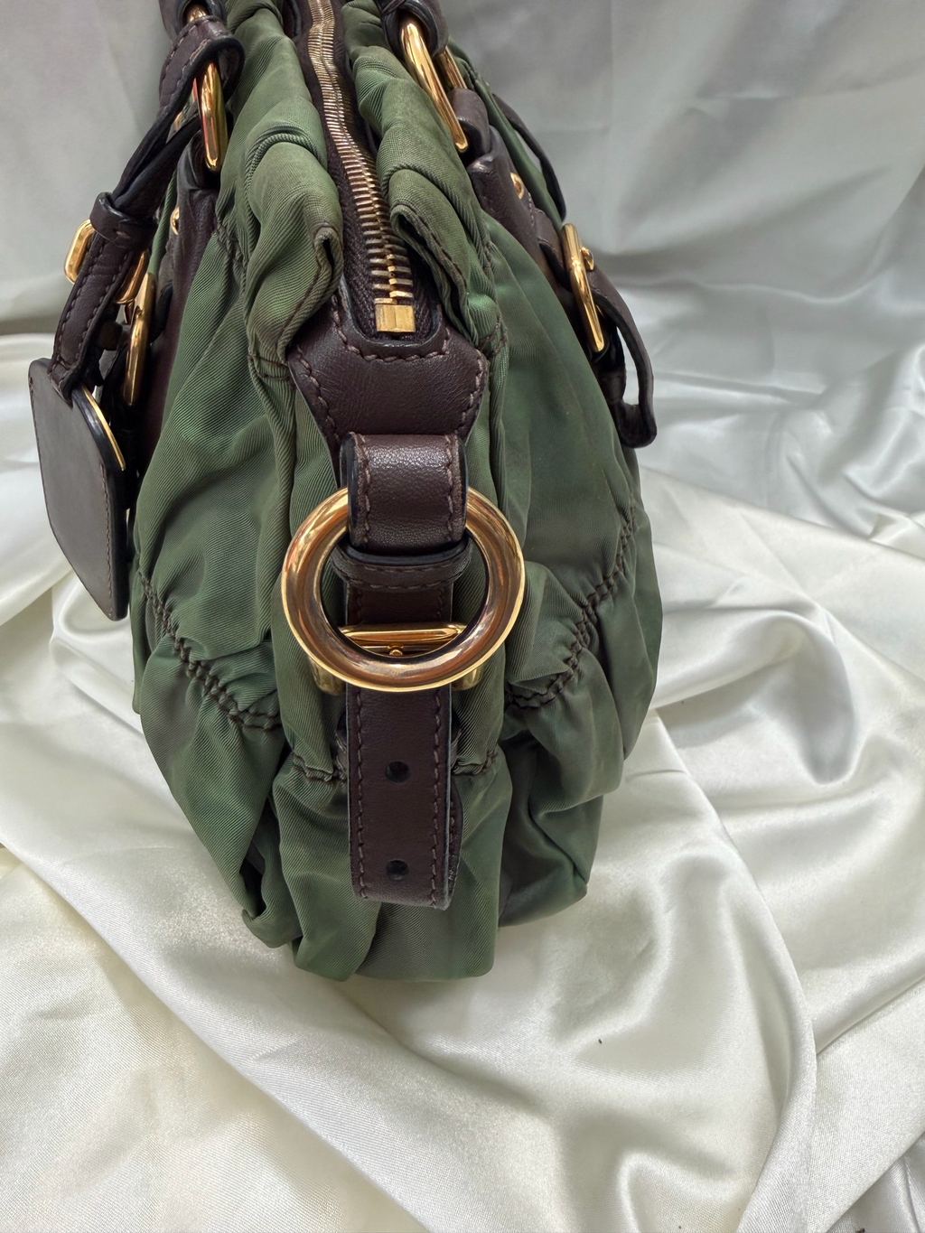 Prada Nylon Gaufre Tessuto Calfskin in Green/Brown