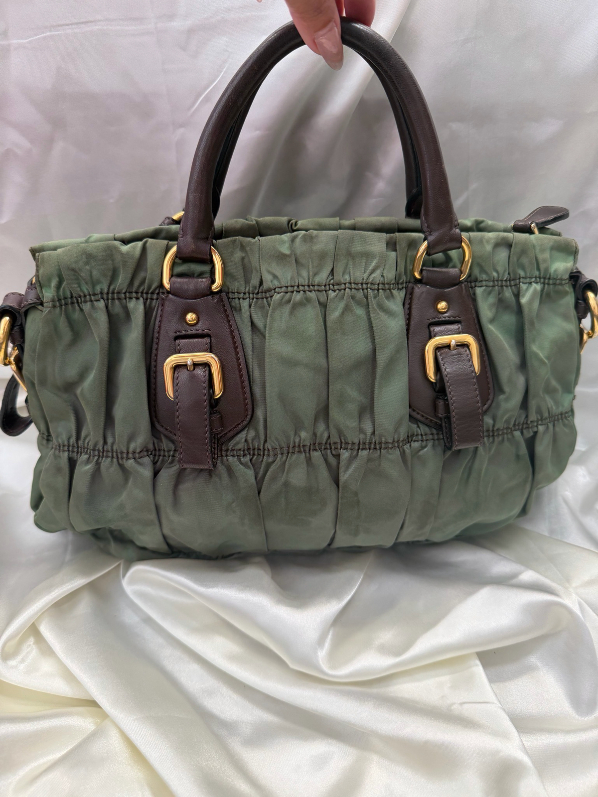 Prada Nylon Gaufre Tessuto Calfskin in Green/Brown