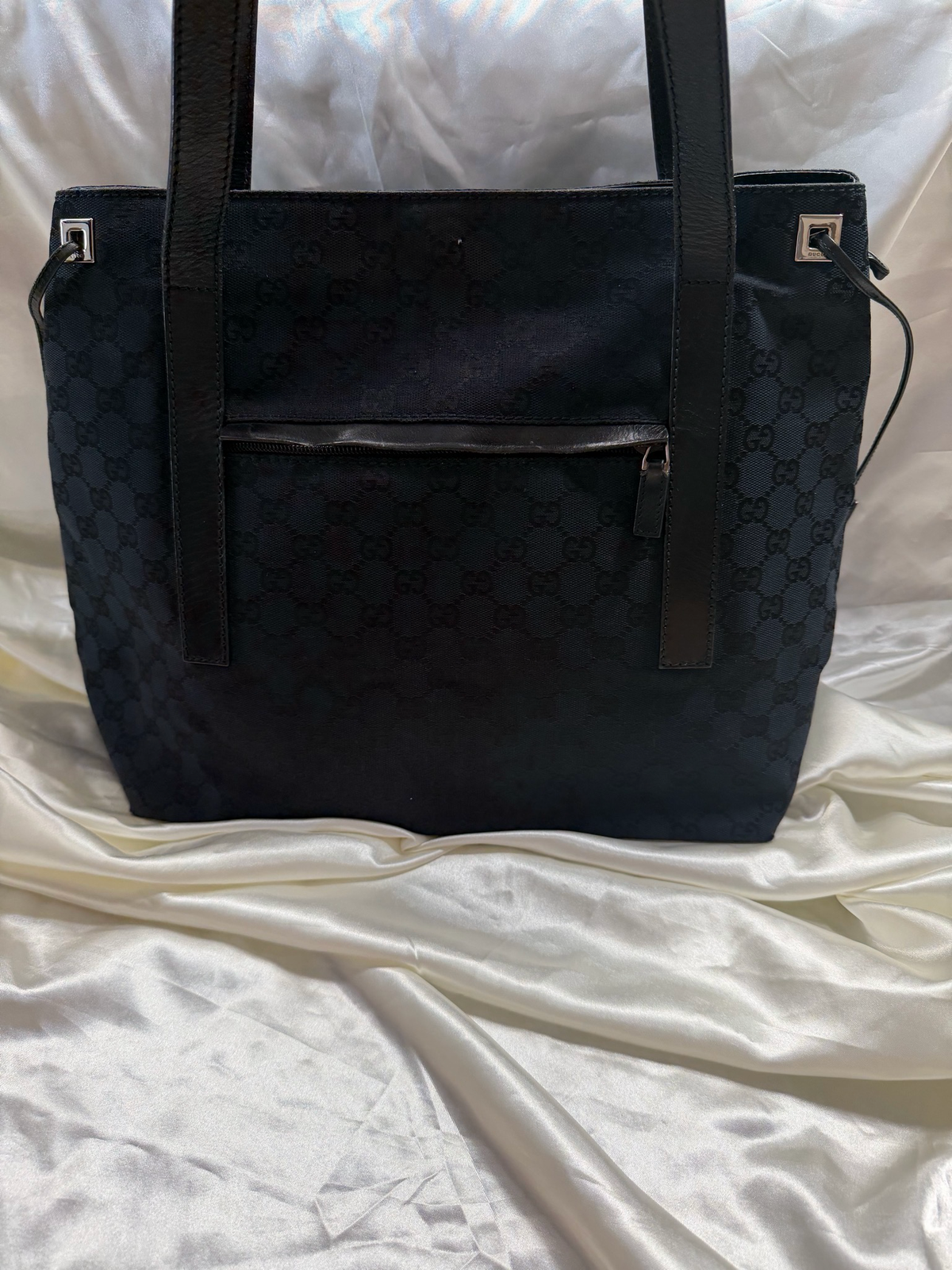 Gucci Mongram Canvas Denim Tote Front Zipper in Black