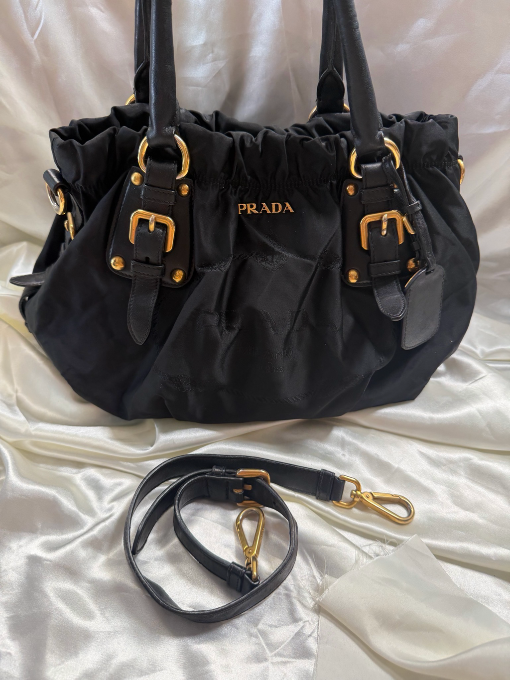 Prada Nylon Tessuto Jacquard Convertible Sling Crossbody in Black