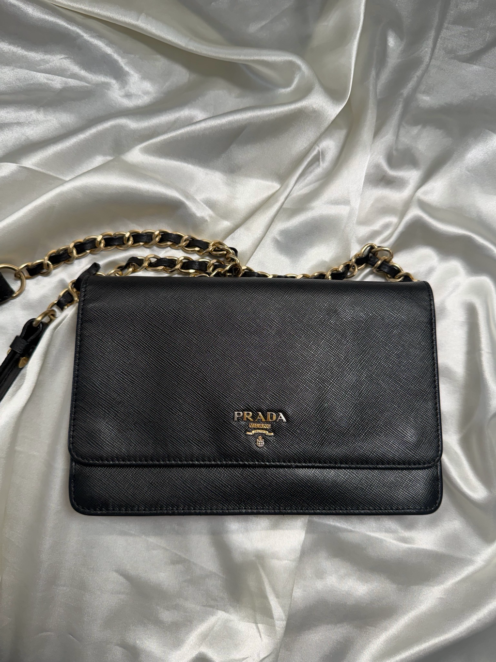 Prada Saffiano Flap Clutch Wallet on Chain in Black