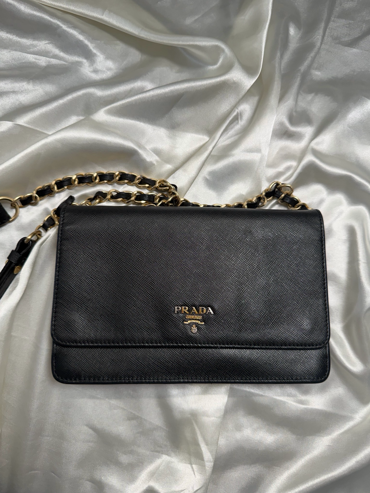 Prada Saffiano Flap Clutch Wallet on Chain in Black