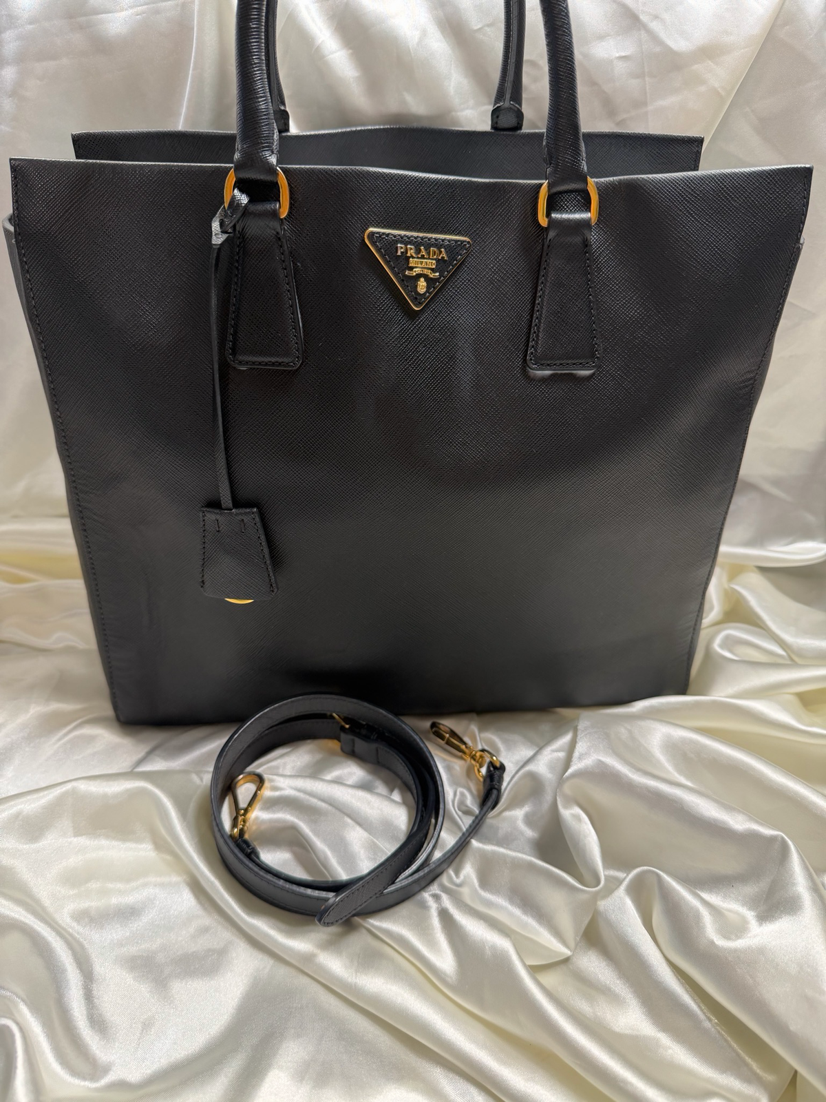 Prada Saffiano Lux Leather Top Handle Convertible In Black