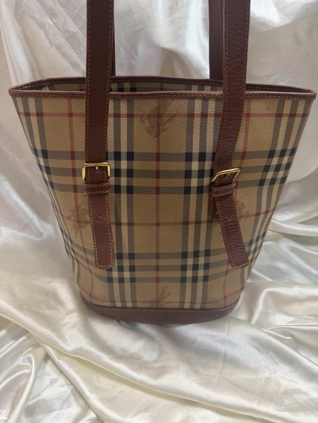 Burberry Haymarket Check Bucket Open Tote Long Strap Shoulder Bag
