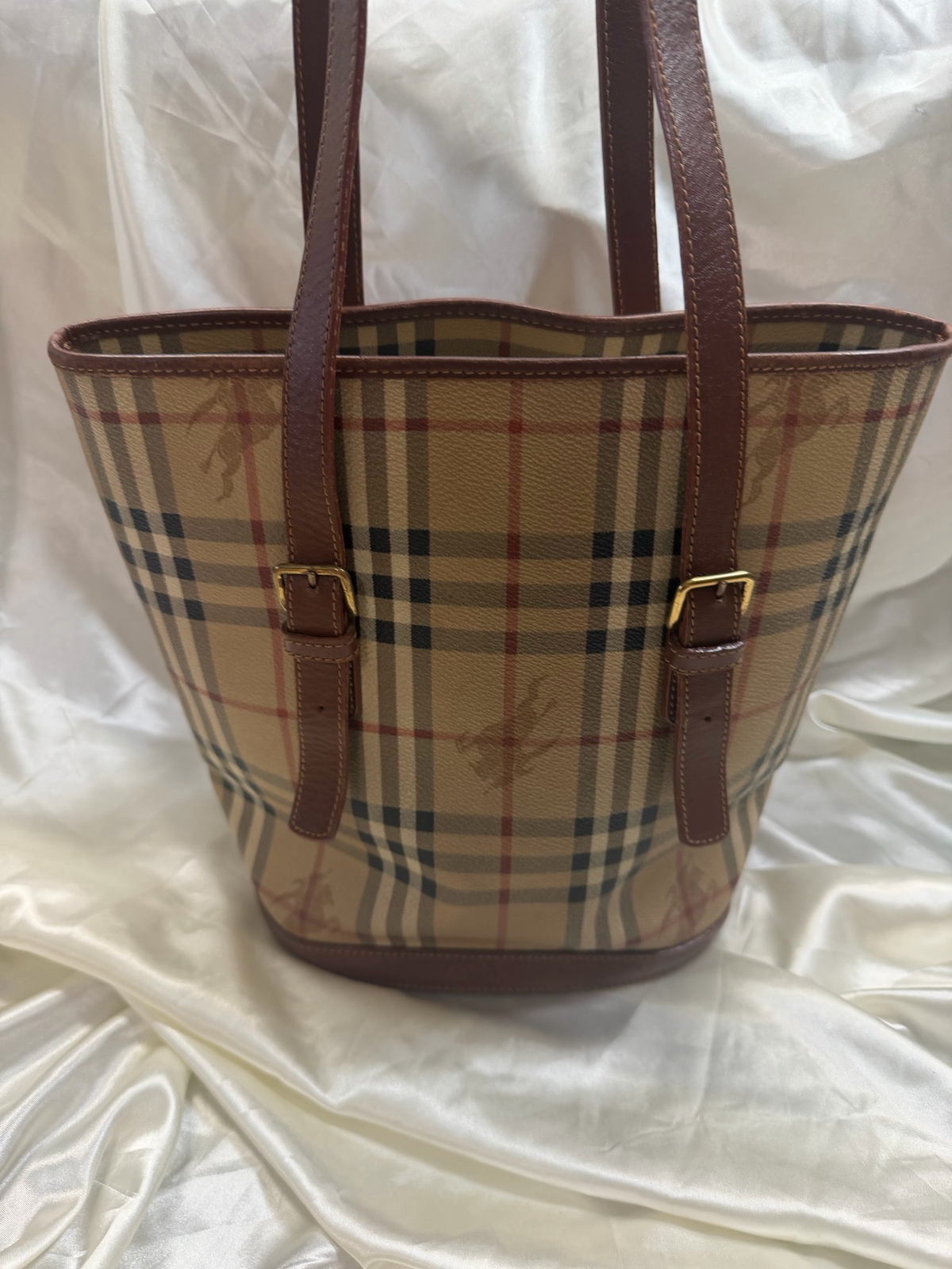 Burberry Haymarket Check Bucket Open Tote Long Strap Shoulder Bag