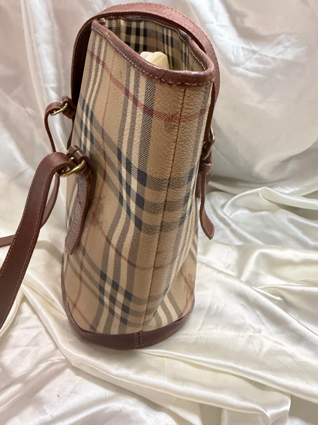 Burberry Haymarket Check Bucket Open Tote Long Strap Shoulder Bag
