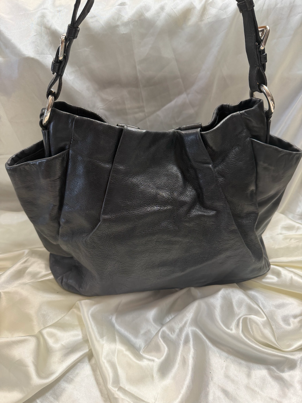 Prada Soft Calfskin Leather Side Pockets Hobo Shoulder Bag in Black