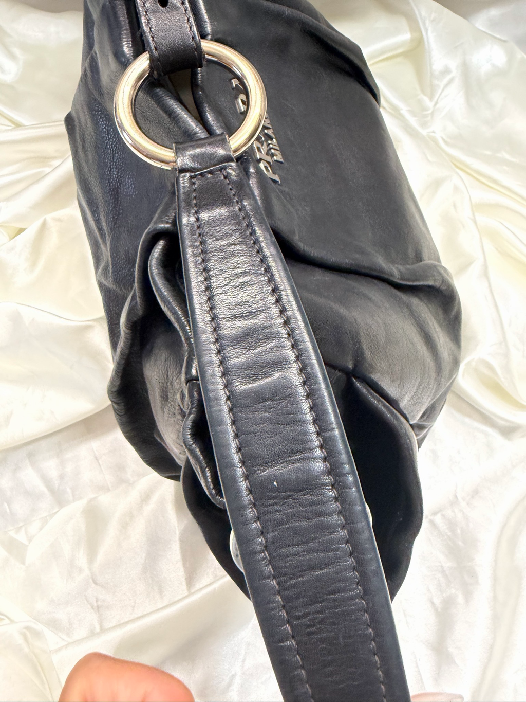 Prada Soft Calfskin Leather Side Pockets Hobo Shoulder Bag in Black
