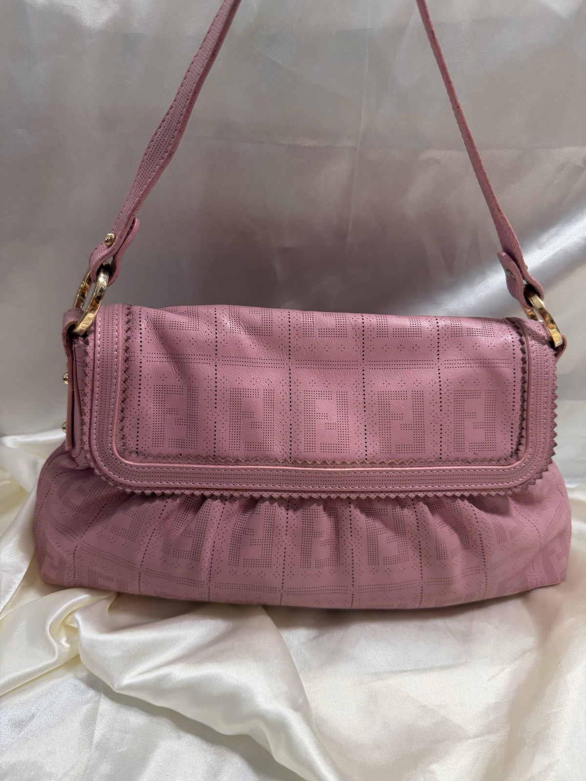Fendi Zucca Perforated Flap Chef Hobo Leather Shoulder Bag in Pink