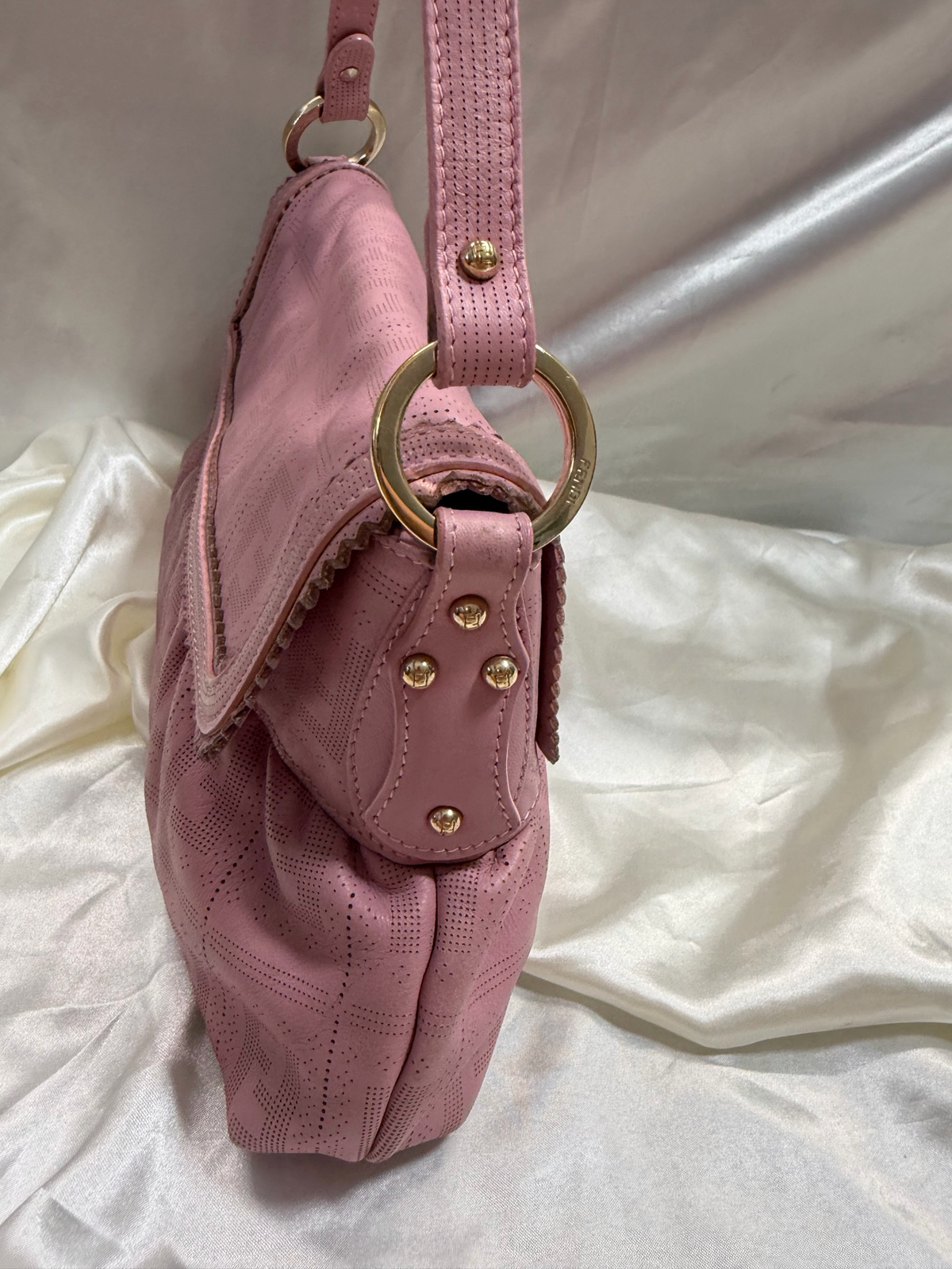 Fendi Zucca Perforated Flap Chef Hobo Leather Shoulder Bag in Pink