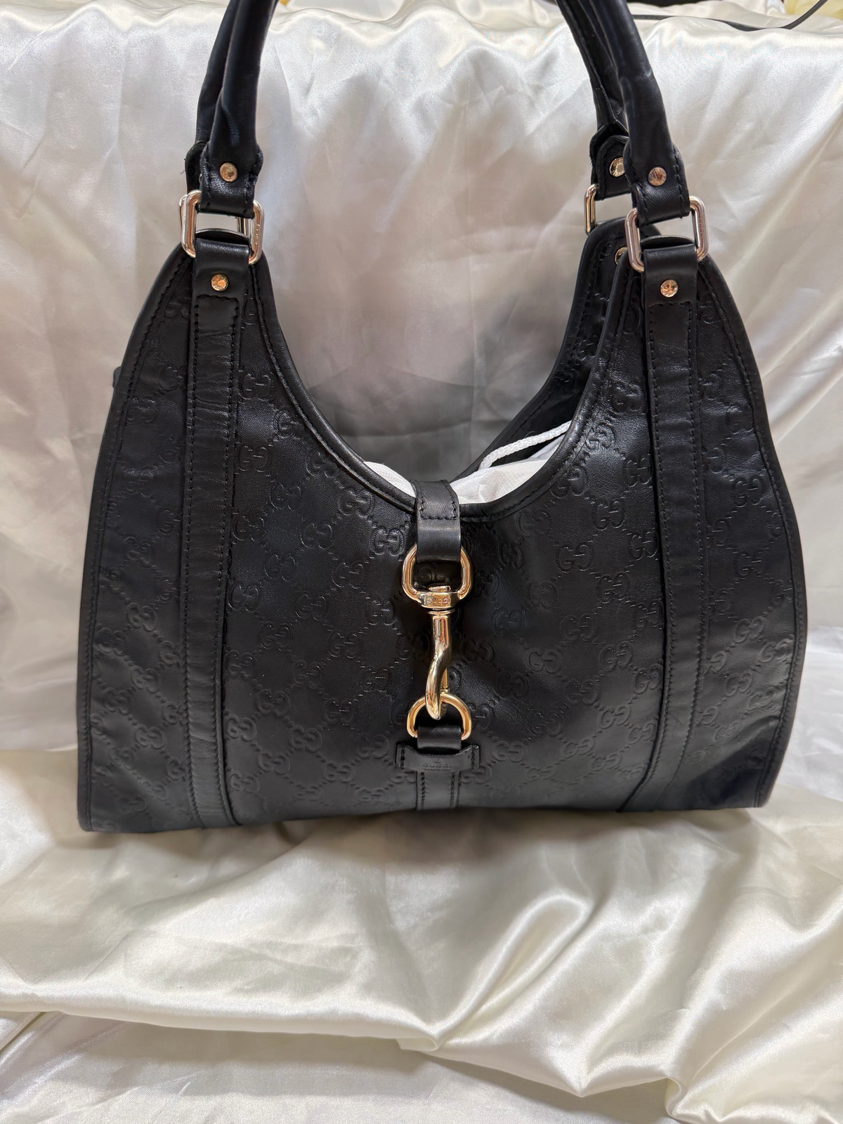 Gucci Monogram Leather Guccissima Joy Tote Bardot Shoulder Bag in Black