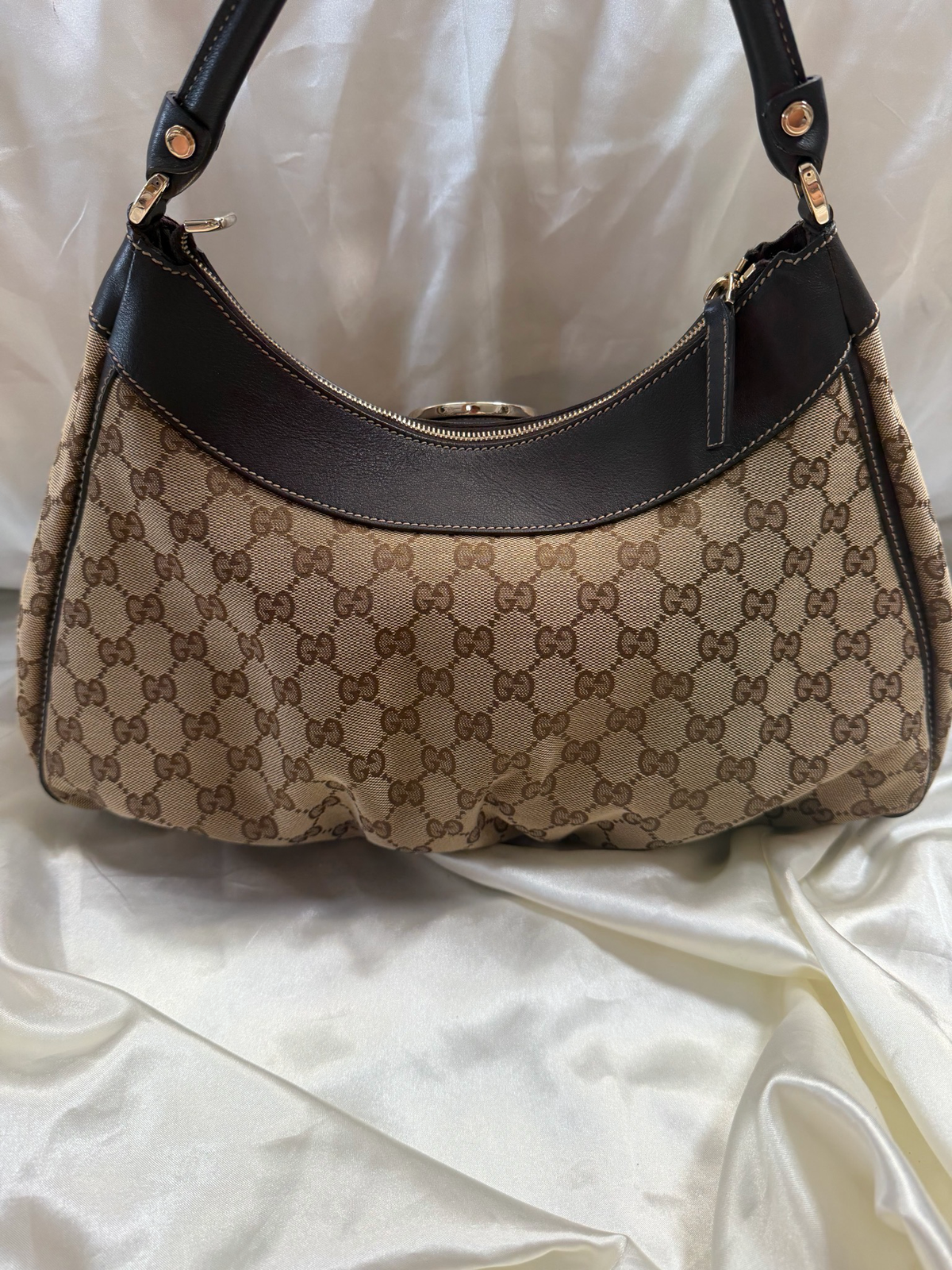 Gucci Monogram Canvas Abbey Tote Hobo D Ring Shoulder Bag