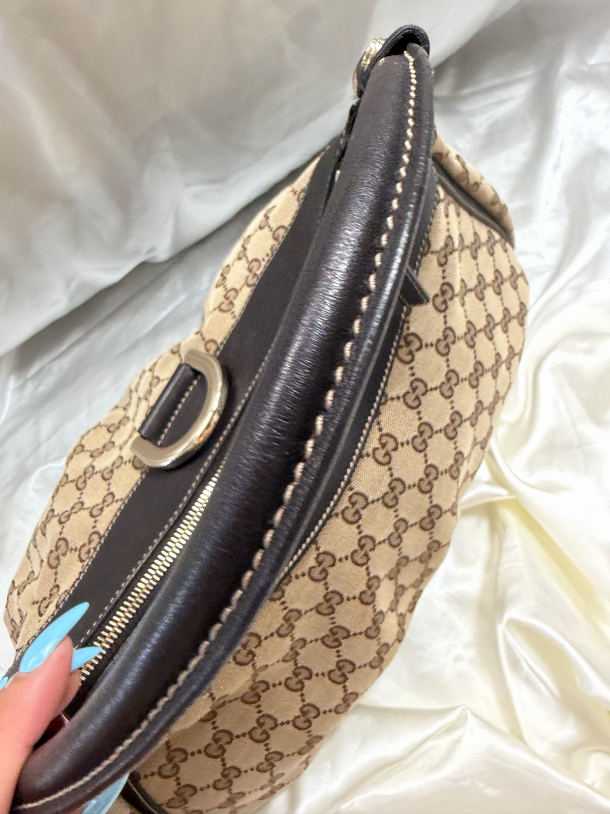 Gucci Monogram Canvas Abbey Tote Hobo D Ring Shoulder Bag