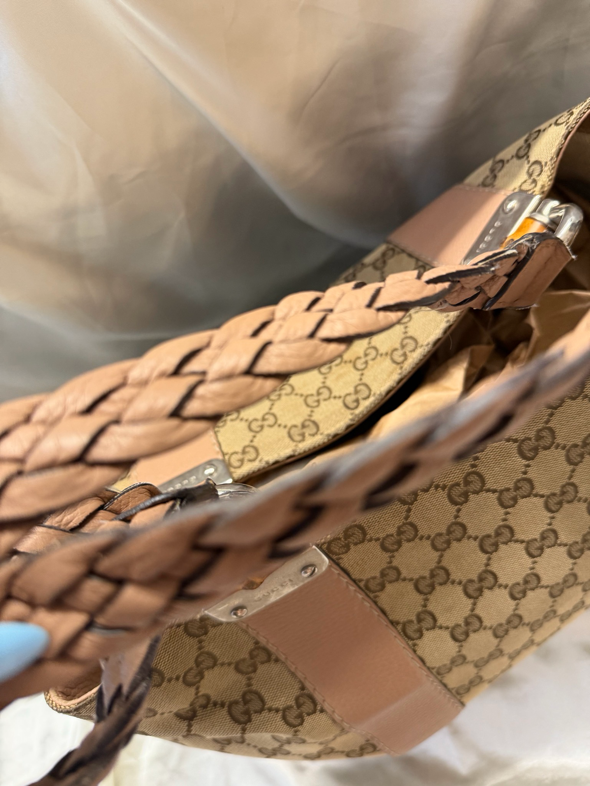 Gucci Monogram Canvas Bamboo Bar Tote Shoulder Bag