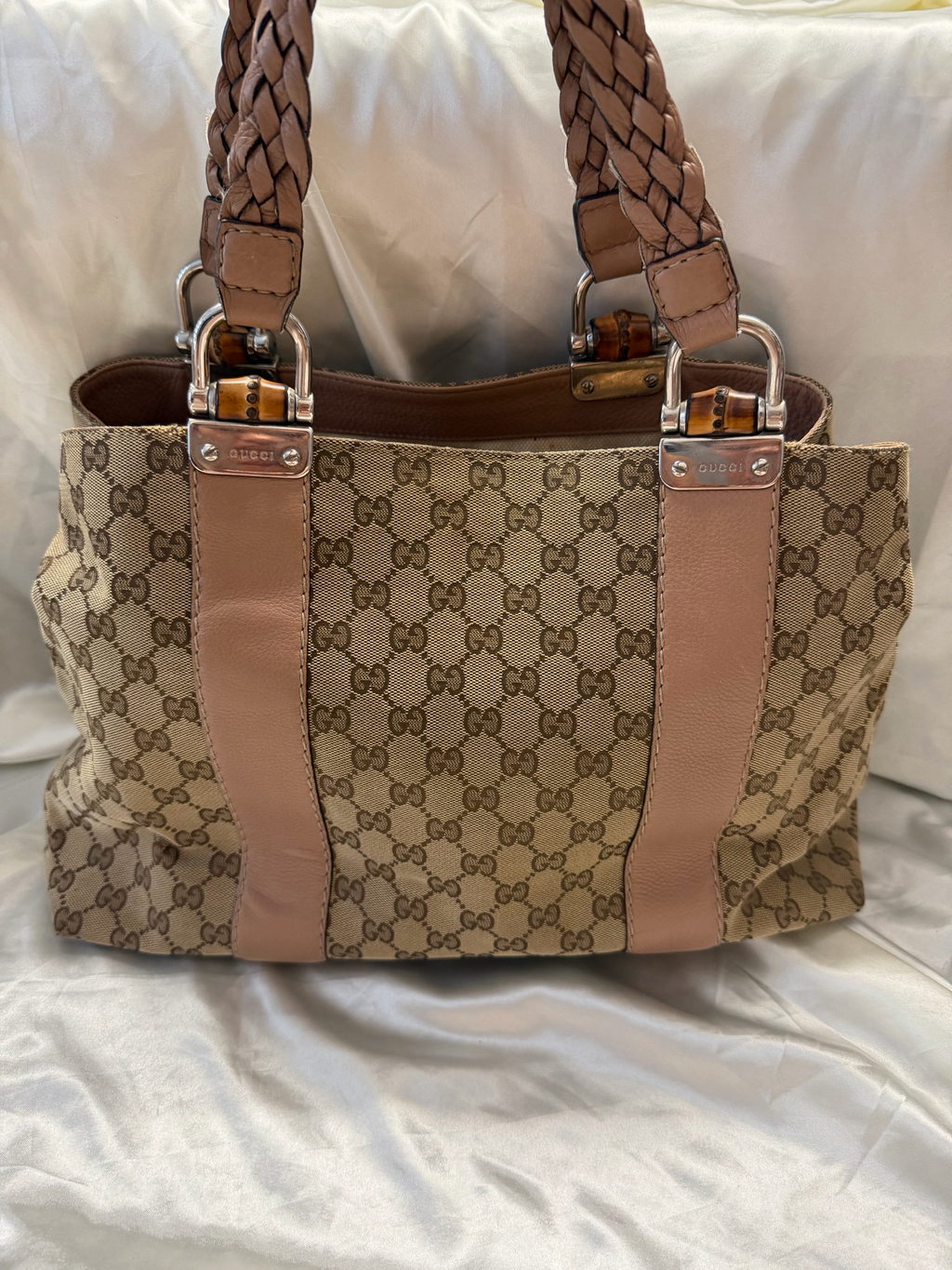 Gucci Monogram Canvas Bamboo Bar Tote Shoulder Bag