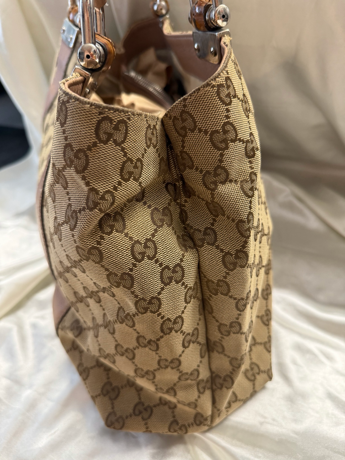 Gucci Monogram Canvas Bamboo Bar Tote Shoulder Bag